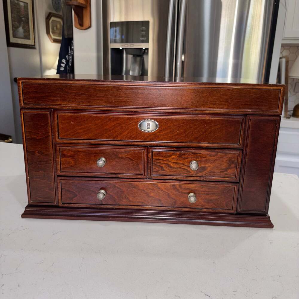 Large Wood Bombay Jewelry Box Organizer with Mirror Drawers Necklace Doors 18x11